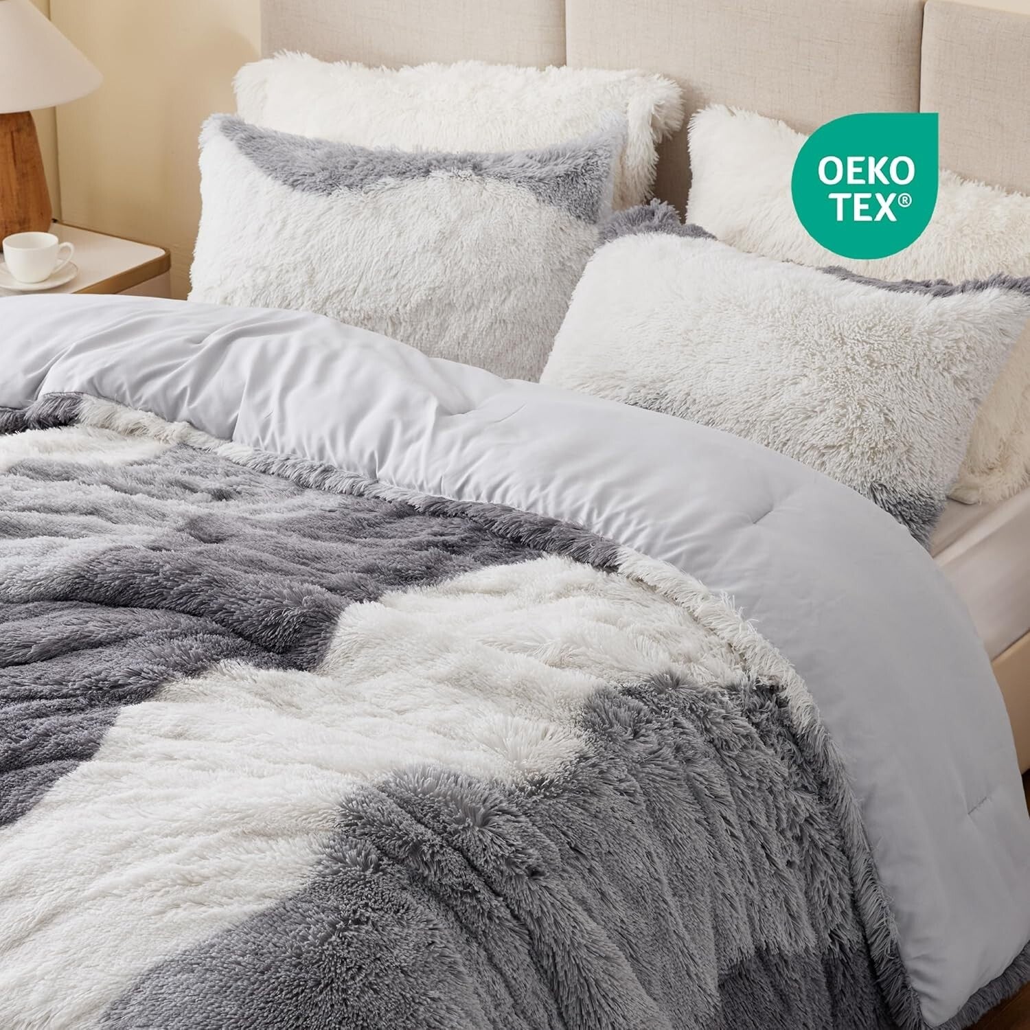 Oeko-Tex Certified Shaggy Faux Fur Comforter Set in Stylish Grey Ombre, 3-Piece