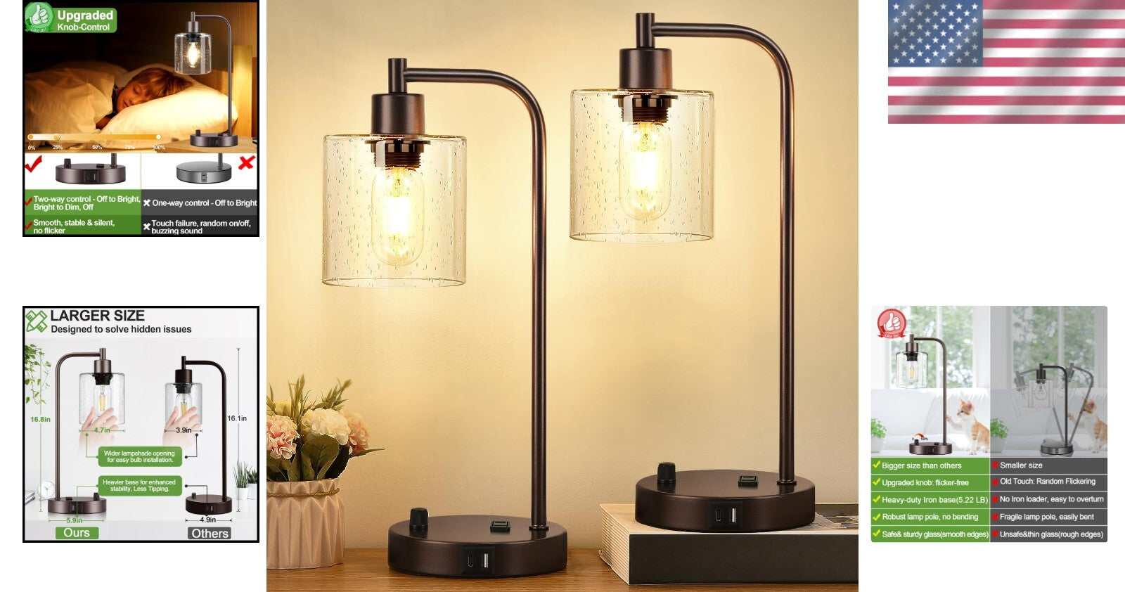 Elegant 2 Light Set: Fully Dimmable Oil Rubbed Bronze Lamps with USB Charging