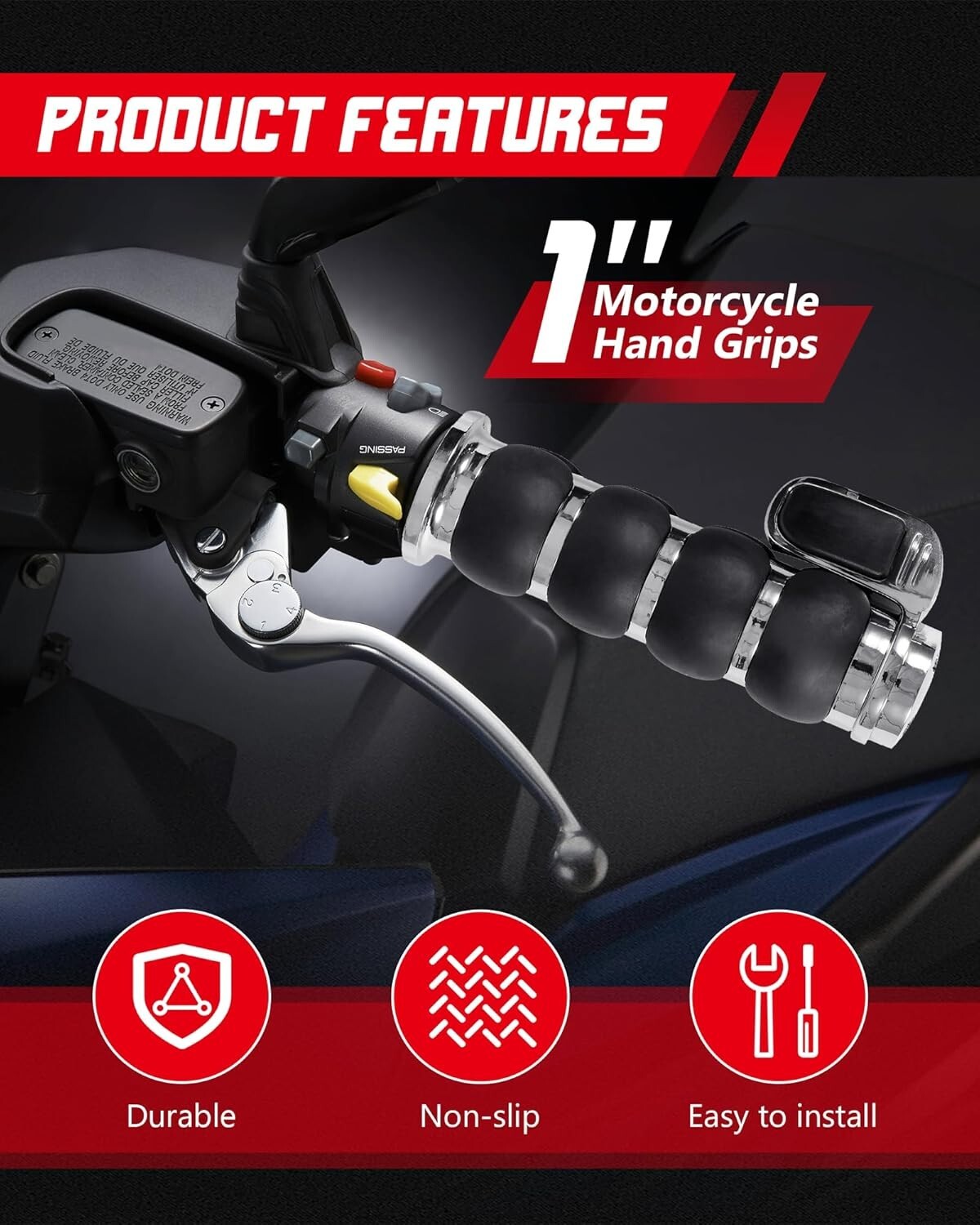 Chrome Black Aluminum Handgrips for Street Bikes - Vibration Dampening Comfort