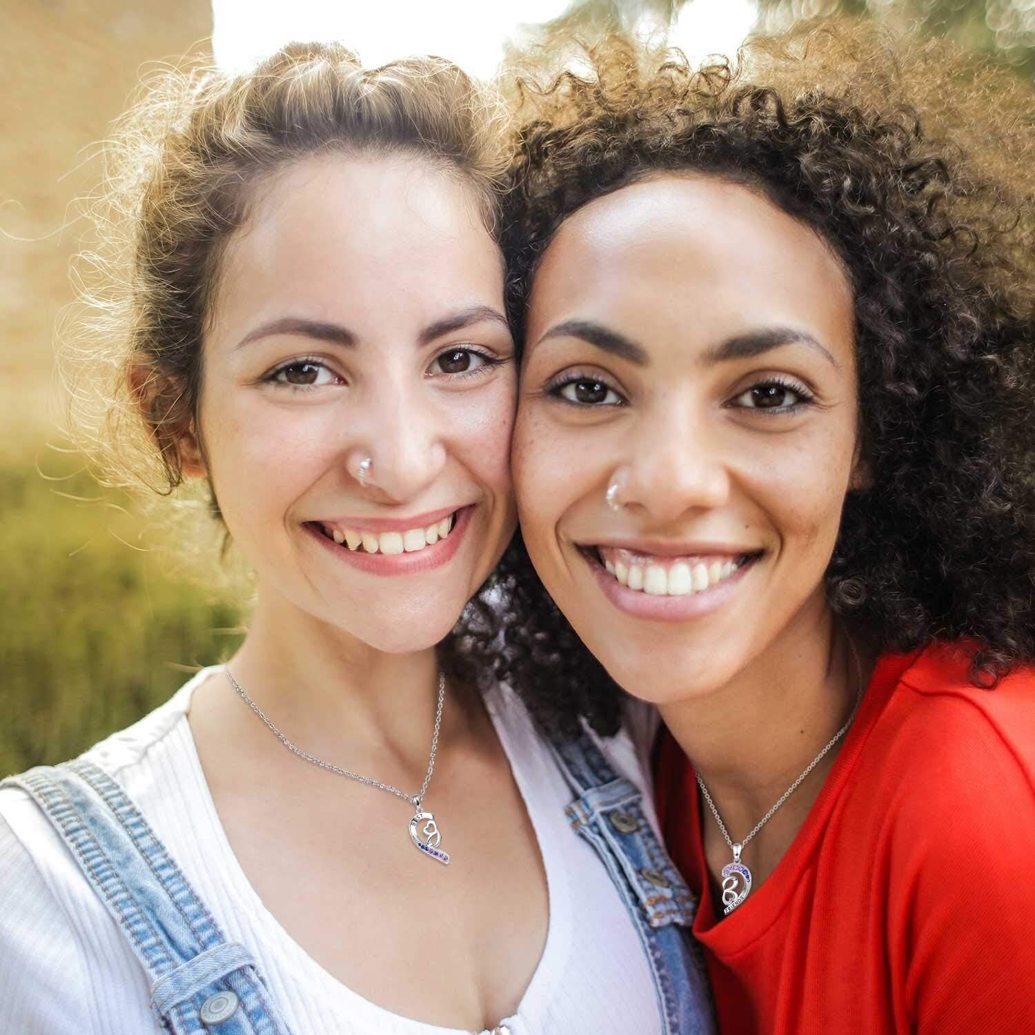 Charming Best Friend Necklaces in Sterling Silver with Heart and Gemstone Detail