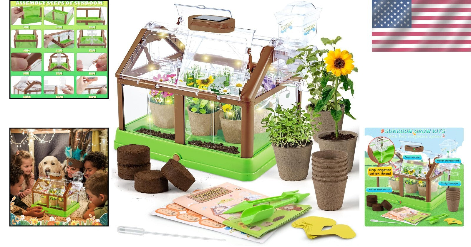 Interactive Kids Plant Growing Set - Mini Greenhouse with Irrigation & LED Light