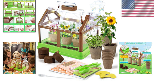 Interactive Kids Plant Growing Set - Mini Greenhouse with Irrigation & LED Light