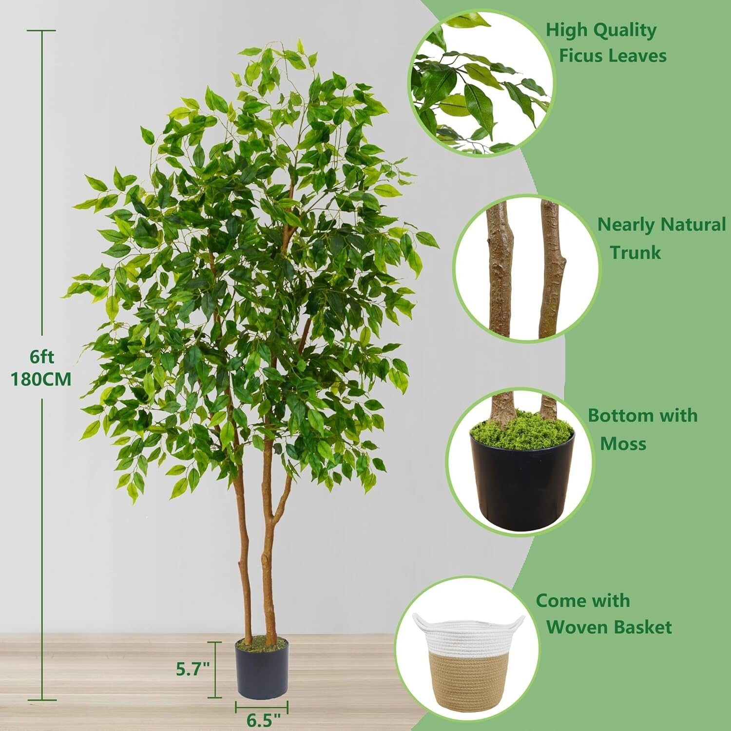 Faux Ficus Tree with Basket: 6ft Indoor & Outdoor Plant for All Seasons