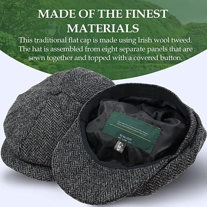 Authentic Irish Newsboy Cap - 100% Wool Herringbone Flat Cap for Men & Women
