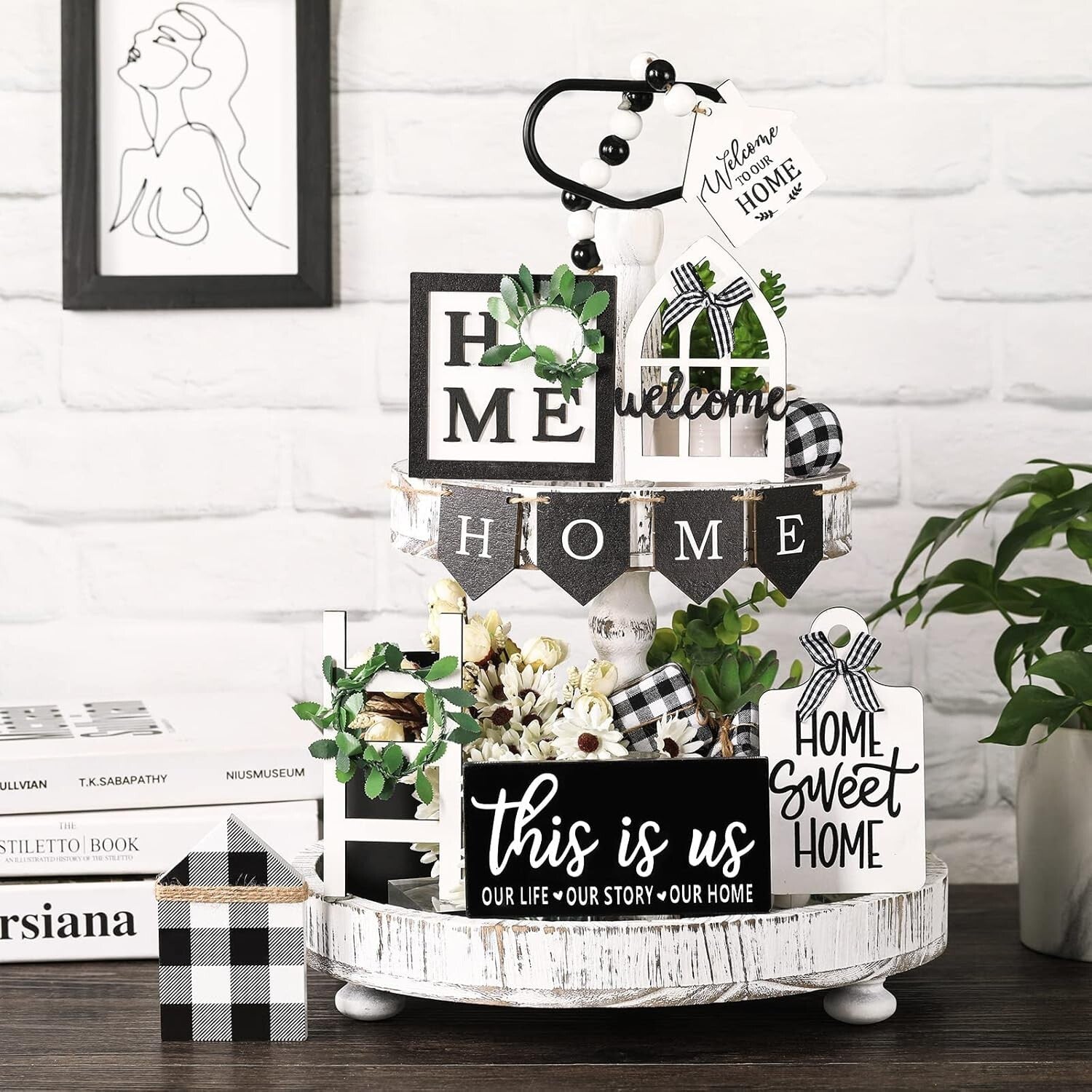 Charming Rustic Wood Tray Decor Set with 11 Signs - Ideal for Housewarming Gifts