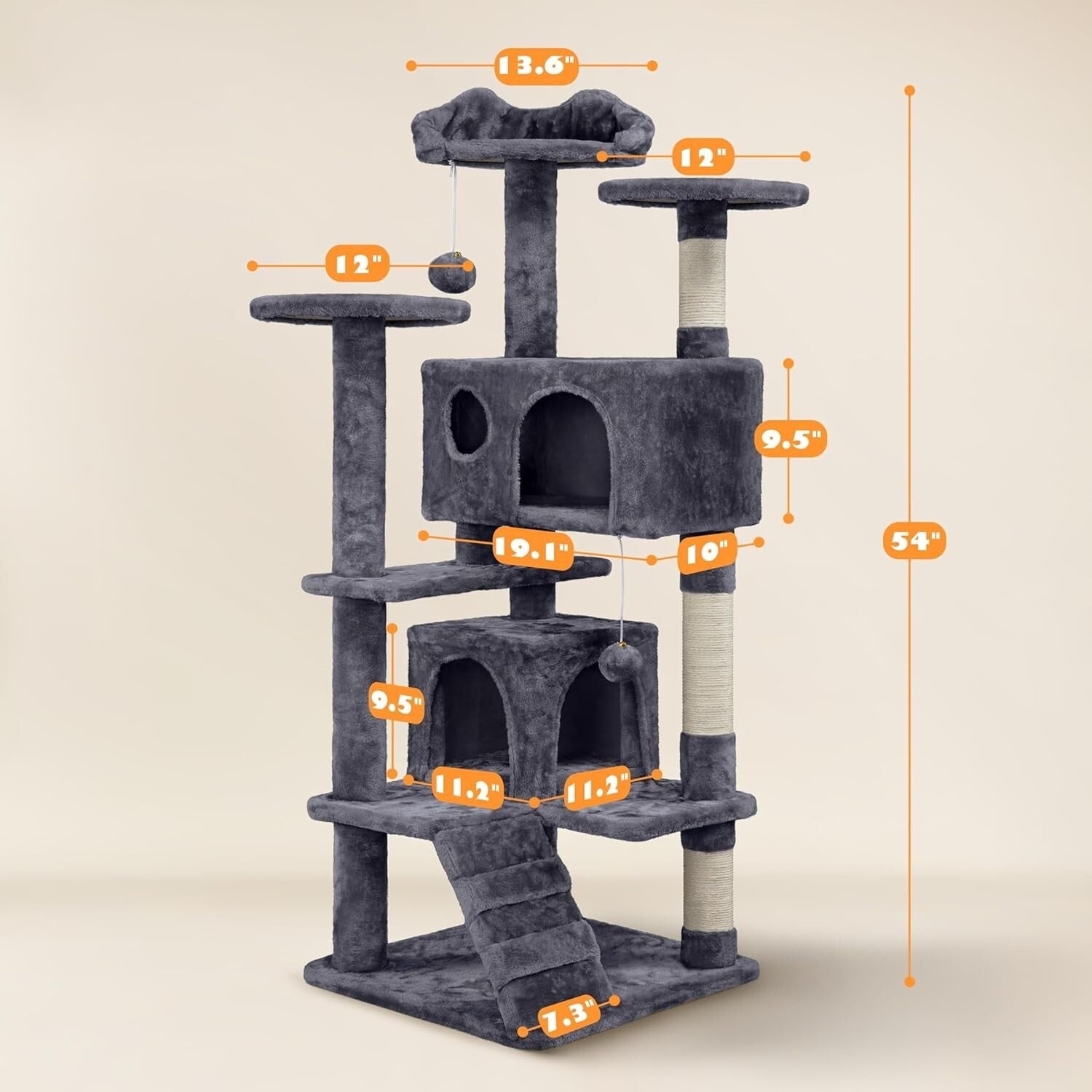 Durable 54-Inch Cat Tower with Plush Hideaways and Interactive Dangling Balls
