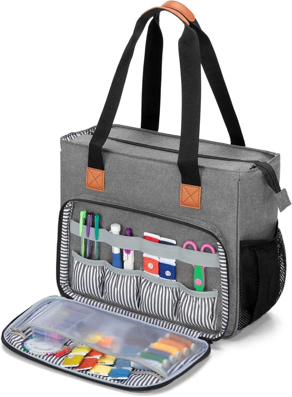 Heavy-Duty Gray Embroidery Project Bag with Padded Storage & Multiple Pockets