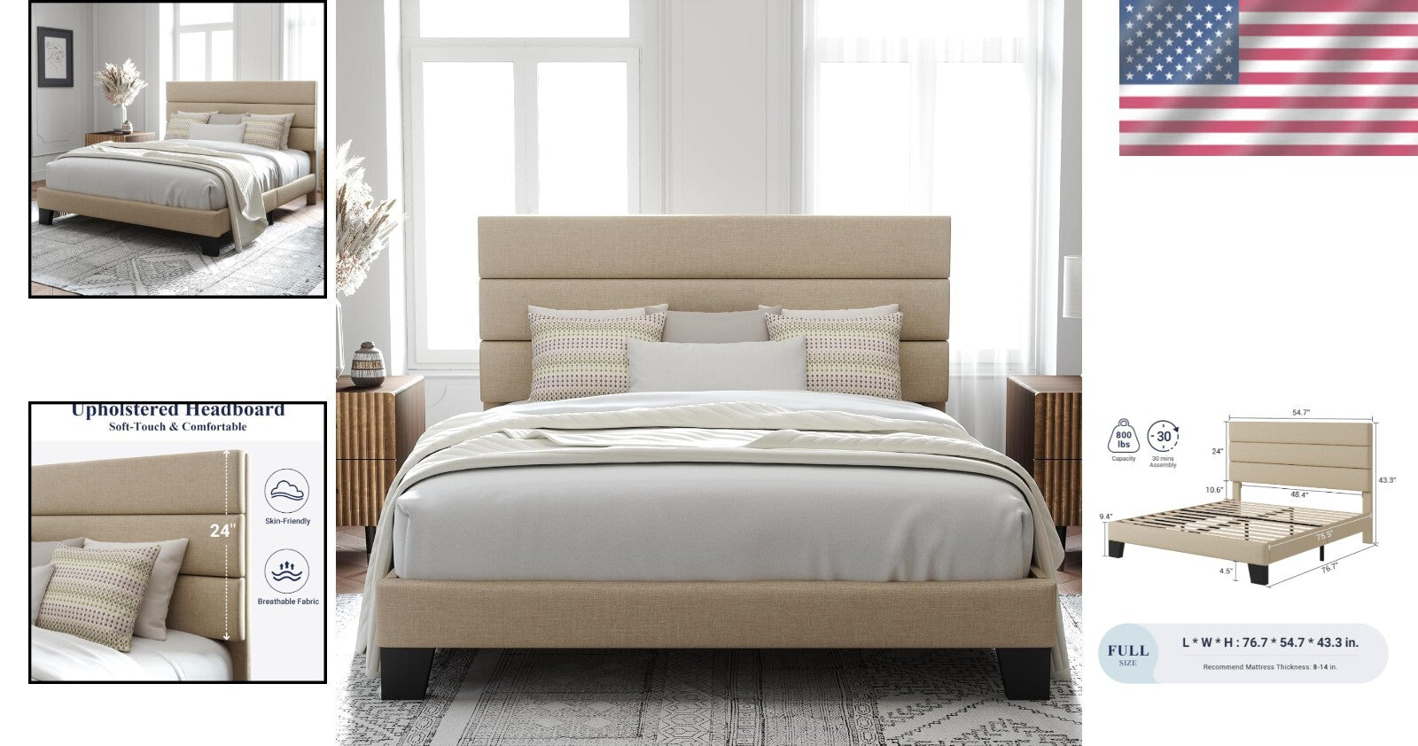 Elegant Full Size Platform Bed with Upholstered Headboard – No Box Spring Needed