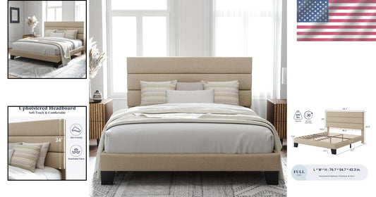 Elegant Full Size Platform Bed with Upholstered Headboard – No Box Spring Needed