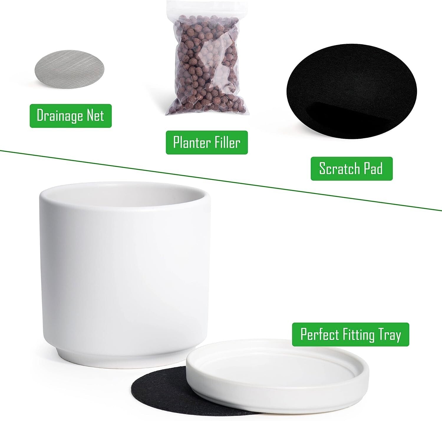 Durable Set of 2 Glazed Ceramic 8-Inch Planters with Drainage Accessories