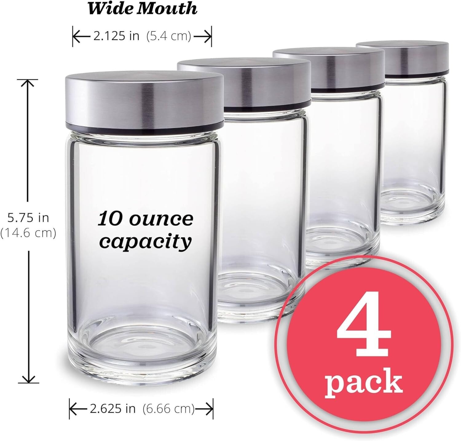 Eco-Friendly 10oz Wide Mouth Glass Bottles with Stainless Steel Lids – 4 Pack