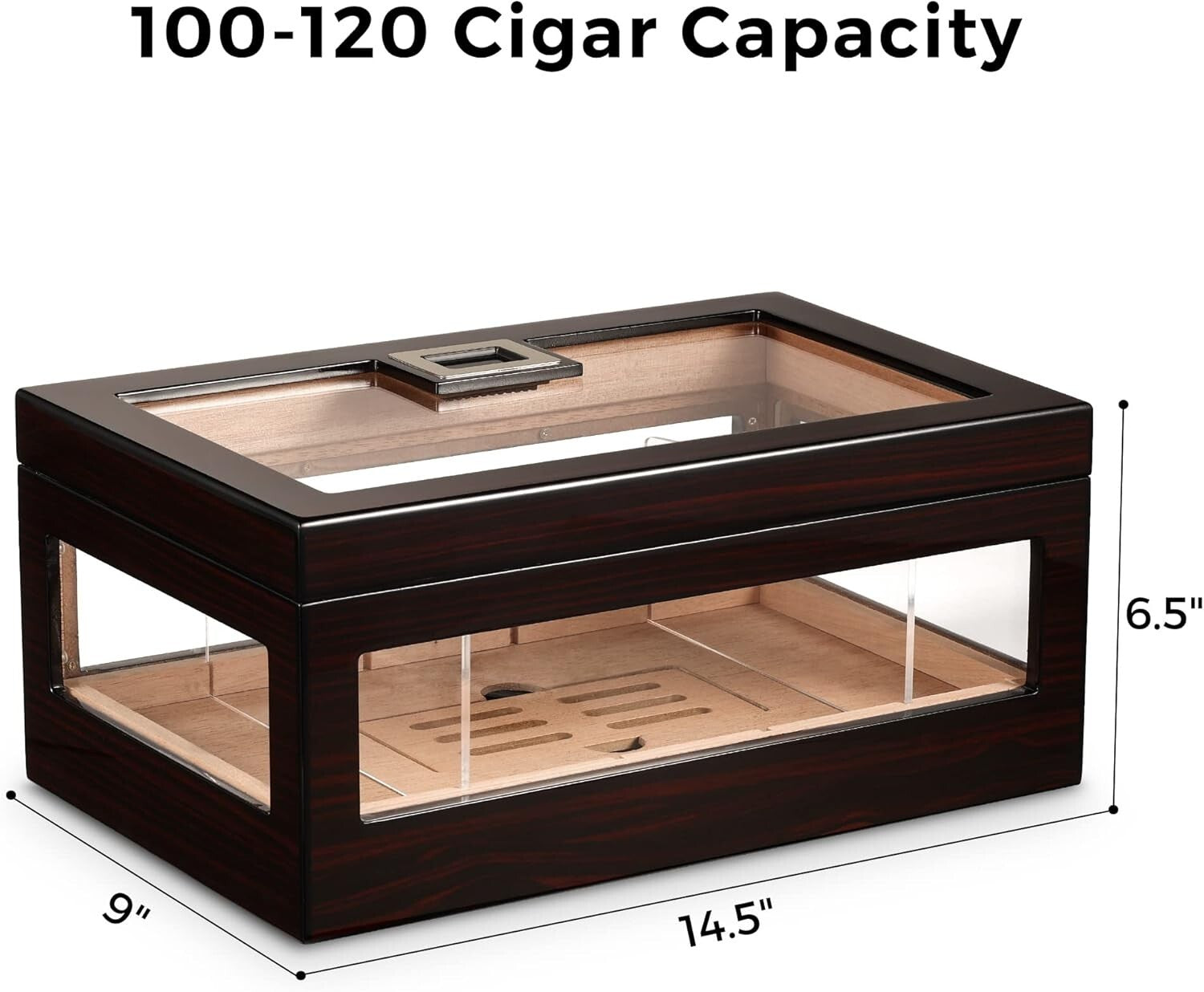 Stylish Cigar Humidor for 120 Cigars with Crystal Gel & Adjustable LED Lighting