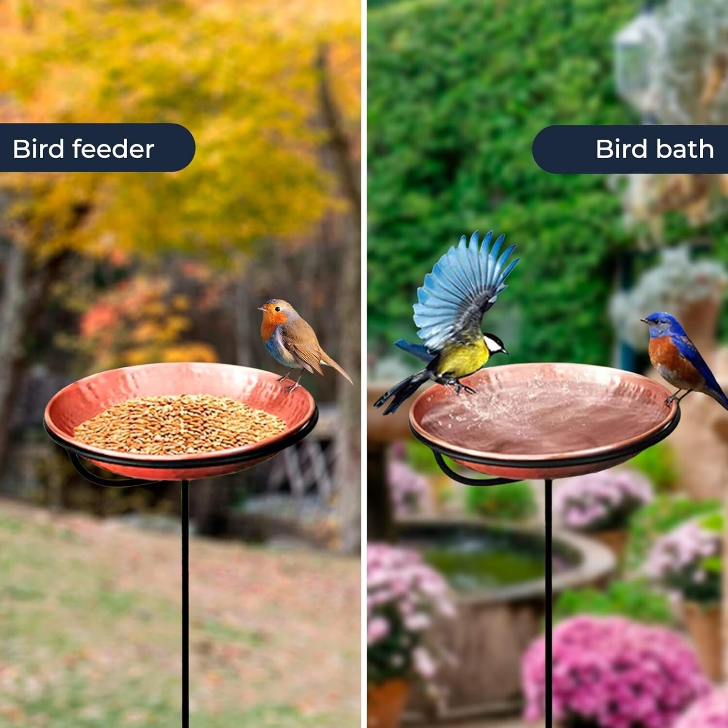 34-Inch Copper Bird Bath & Feeder with Sturdy Iron Stand for Backyard Charm