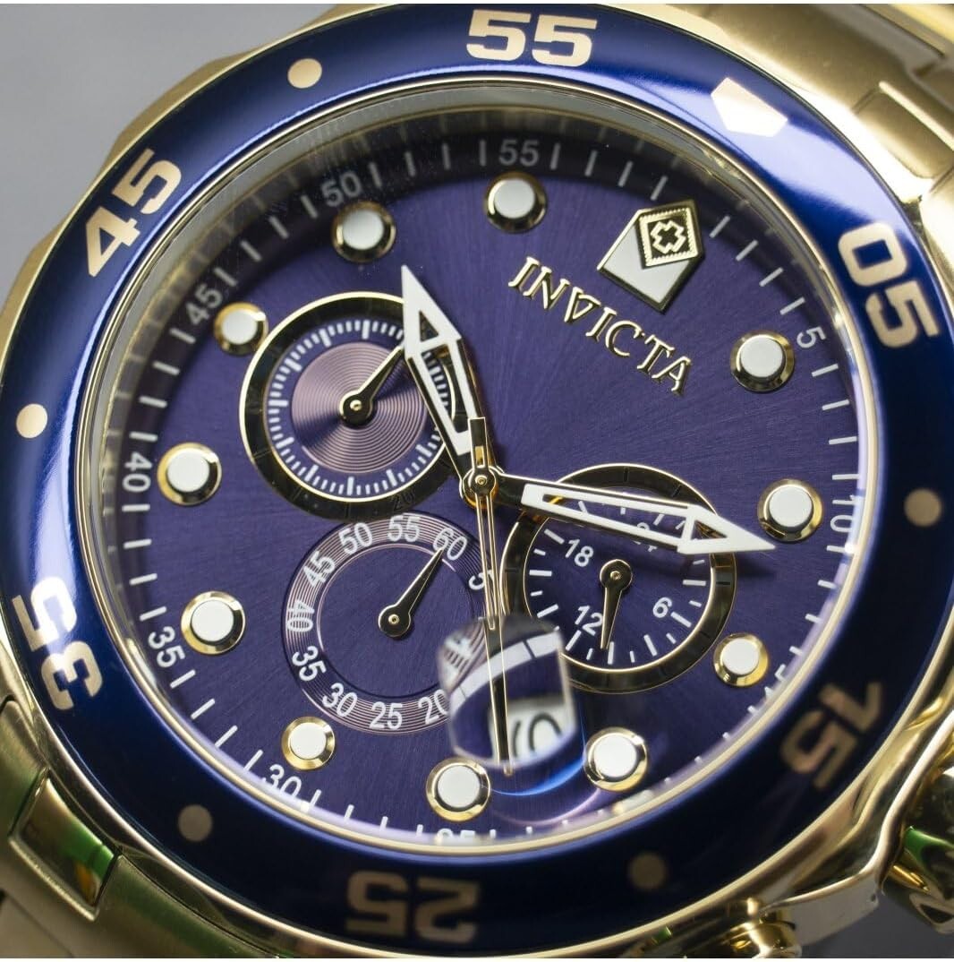 200m Water Resistant Diver's Chronograph Watch with Blue Dial & Gold Tone Band