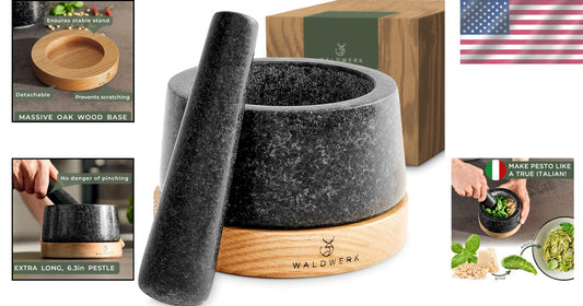 Extra Large Granite Mortar and Pestle Set - Oak Wood Base for Scratch Protection