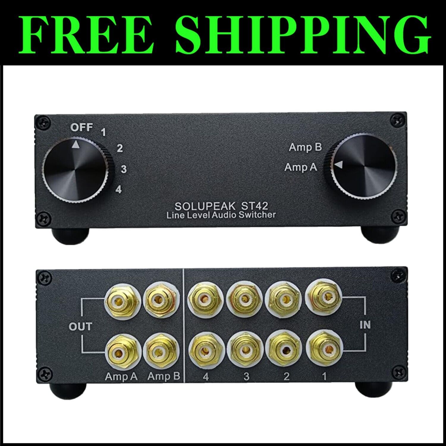 Aluminum 4-Way RCA Audio Switcher - Effortless Source Selection for Any Setup