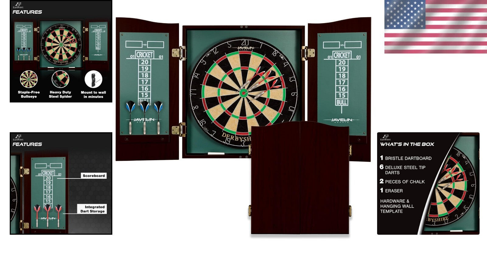 Dartboard and Stylish Cabinet Set - Includes 6 Steel Tip Darts & Scoreboards