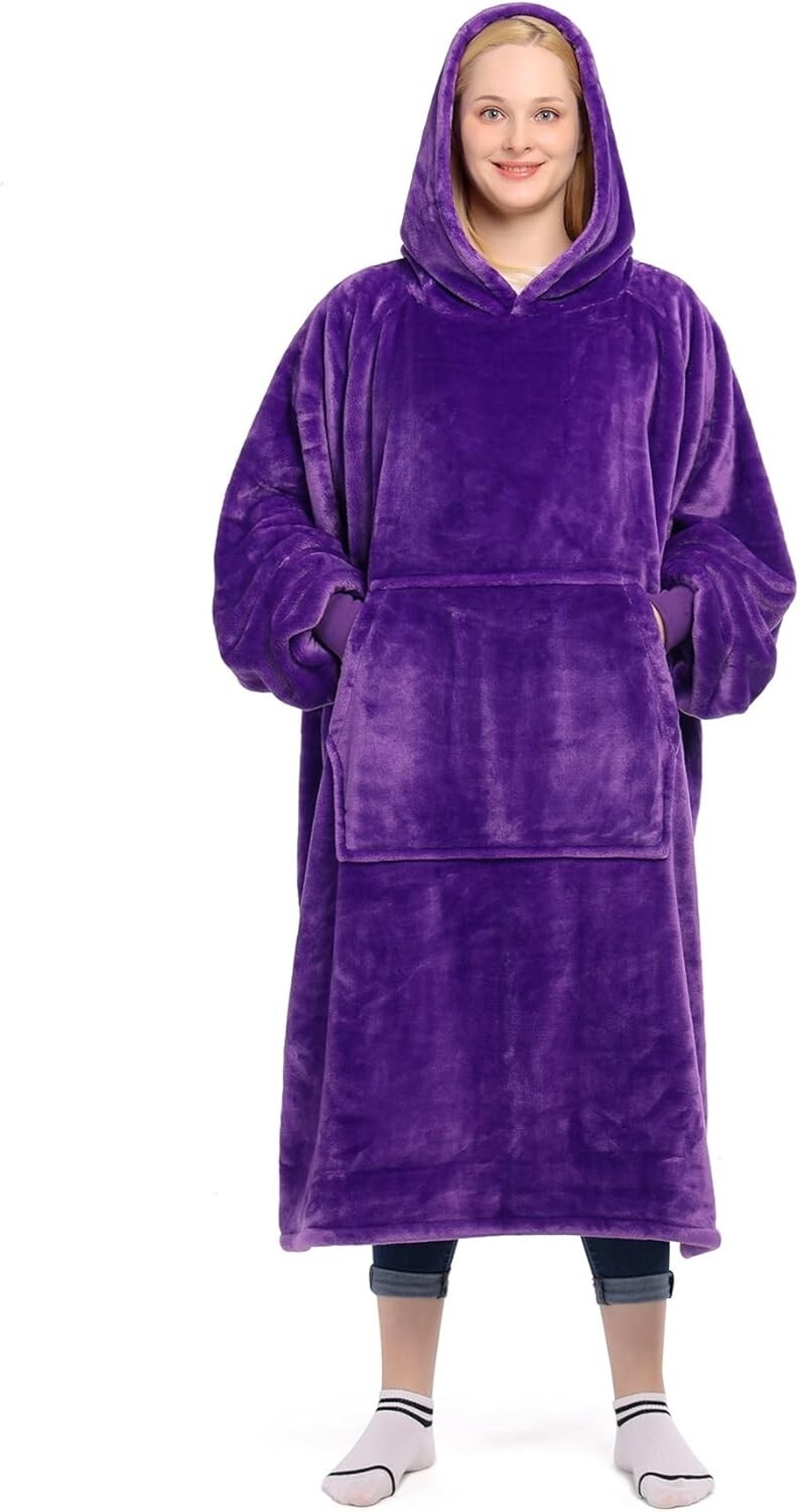 Fluffy Violet Hooded Blanket with Sleeves - Perfect for Lounging & Napping