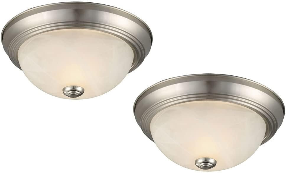 Modern 2-Light Flush Mount Ceiling Light Set - Satin Nickel with Alabaster Shade