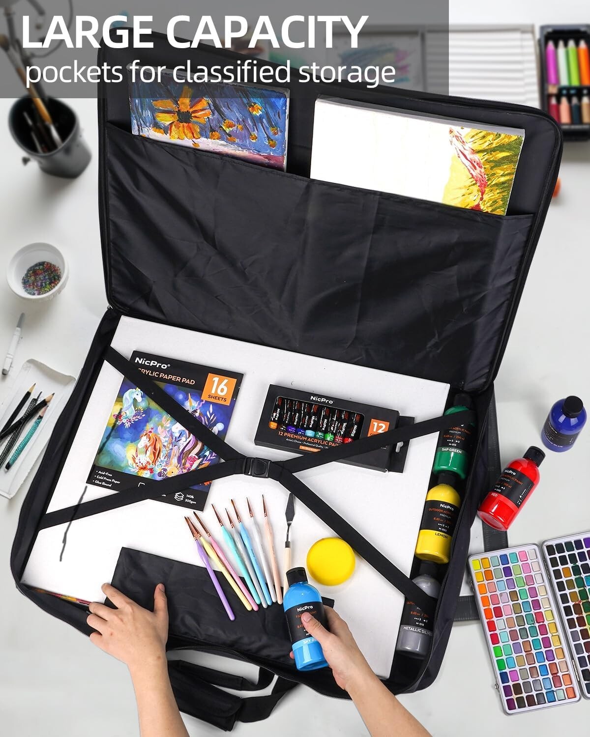 Durable 24x36 Art Portfolio Case - Waterproof with Organized Storage & Strap