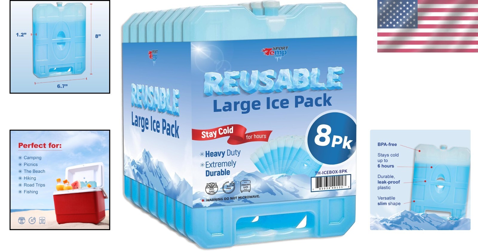 Durable Jumbo Ice Packs - 8 Pack for Coolers, Camping & Outdoor Adventures