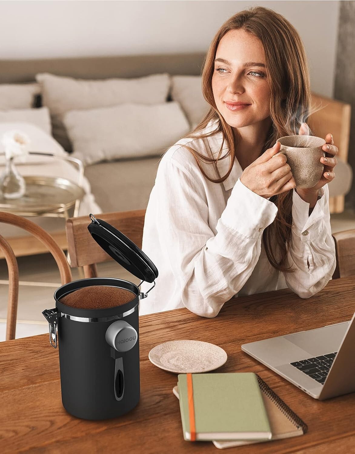 Airtight Coffee Canister Set, 22oz + 16oz with CO2 Valves & Date Tracker - Black