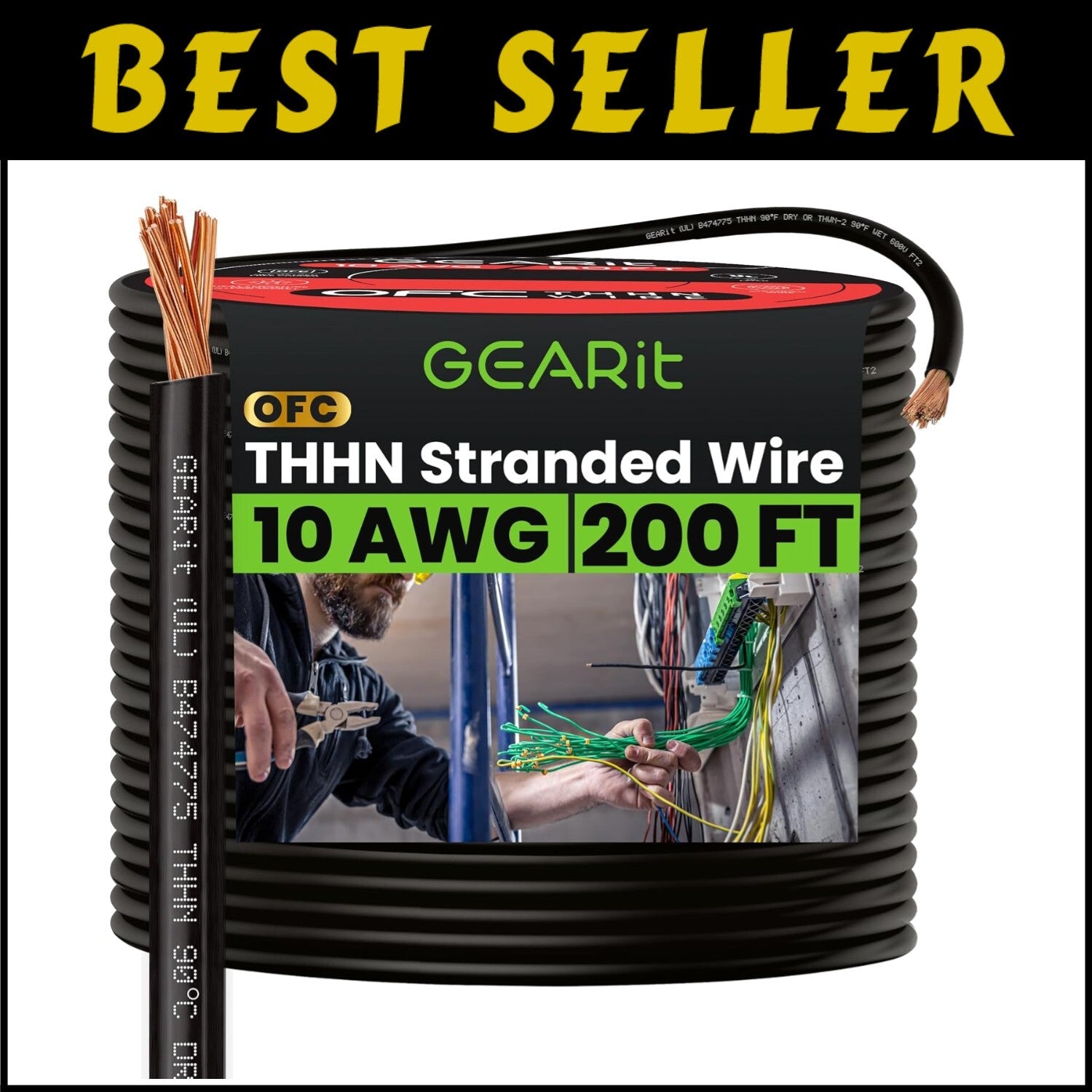 10 AWG Stranded THHN Wire - 200ft Black Copper, UL Listed & RoHS Compliant