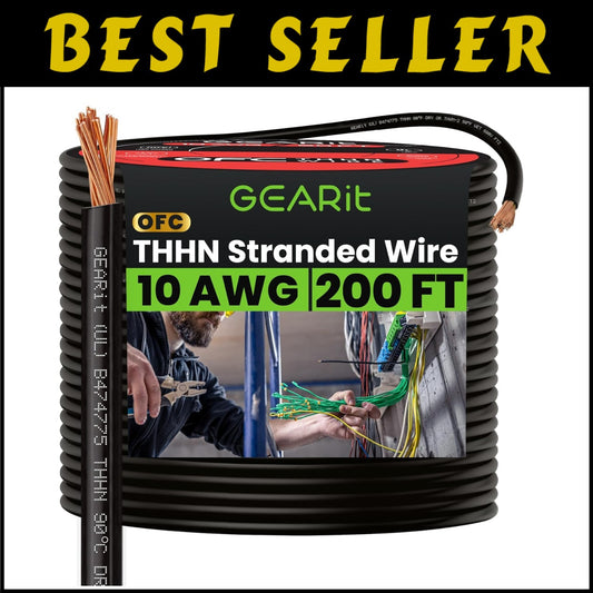 10 AWG Stranded THHN Wire - 200ft Black Copper, UL Listed & RoHS Compliant