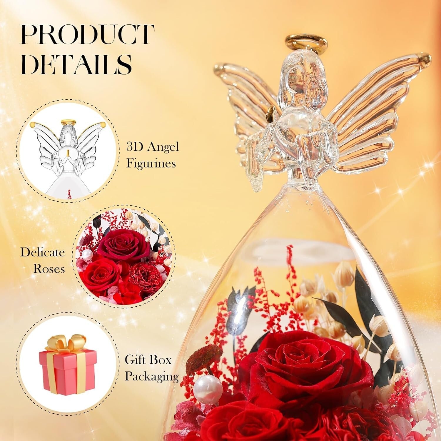 Chic Preserved Rose and Glass Angel Figurine - Timeless Gift for Loved Ones