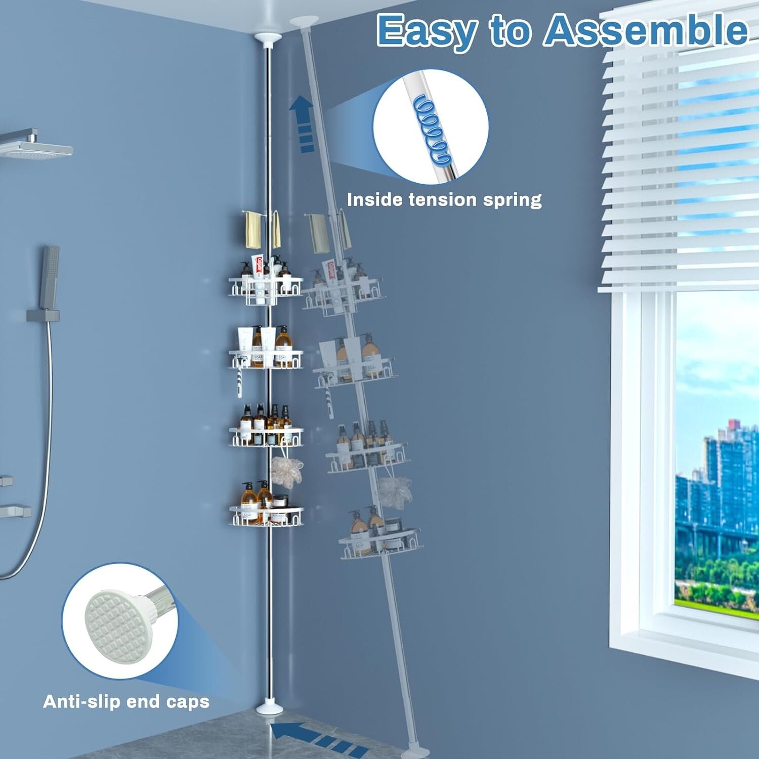 Stainless Steel Shower Corner Shelf with Adjustable Height & Towel Bar - Silver