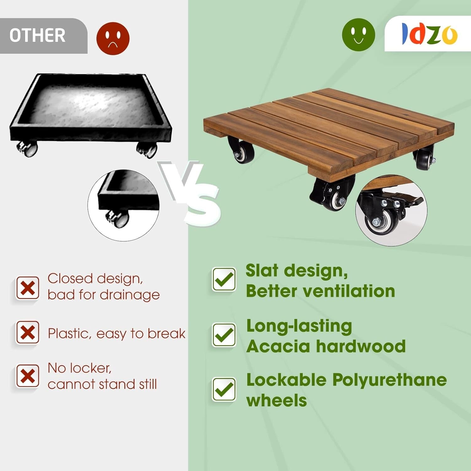Rust-Resistant Acacia Wood Plant Caddy with Wheels - Effortless Mobility Set