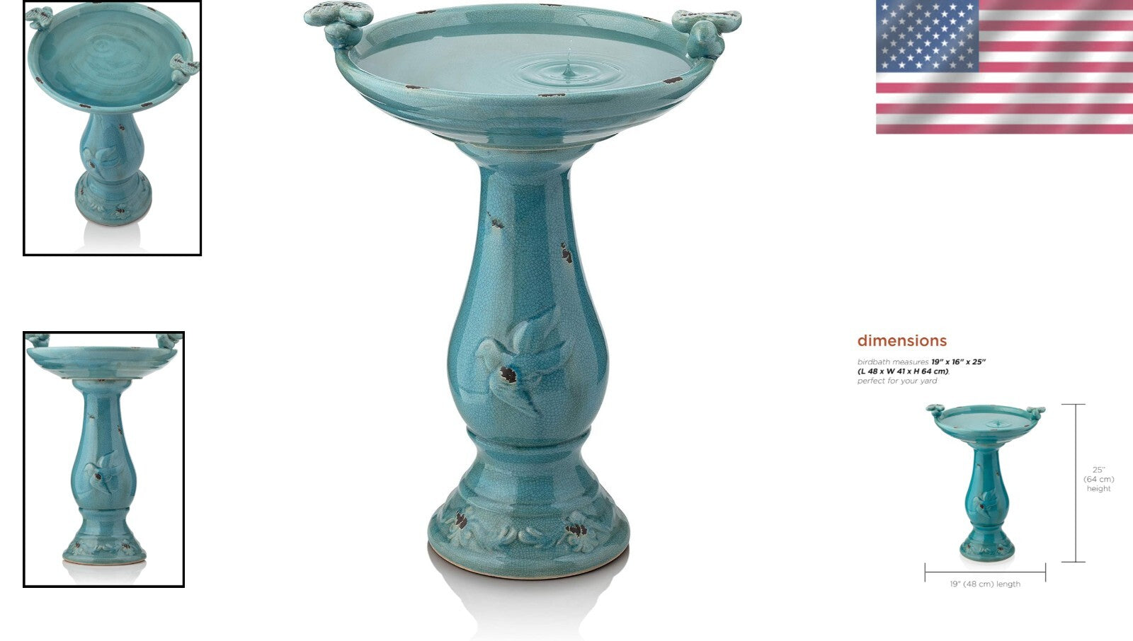 25" Antique Turquoise Ceramic Birdbath with 2 Figurines for Birds & Garden Charm