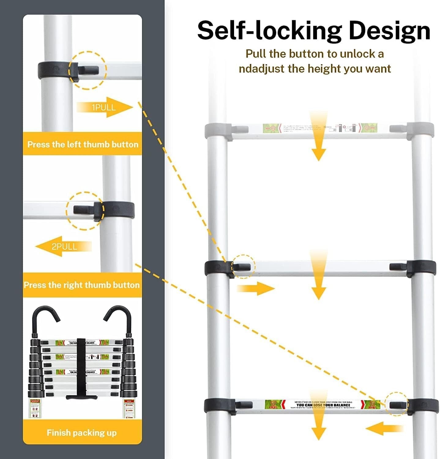 16.5FT Telescopic Aluminum Ladder with Double Hooks & Non-Slip Feet, 330lb Cap