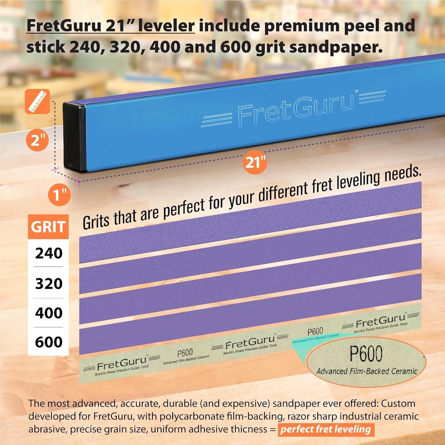 Quick and Efficient 21" Fret Leveling Tool with Peel-and-Stick Sandpaper