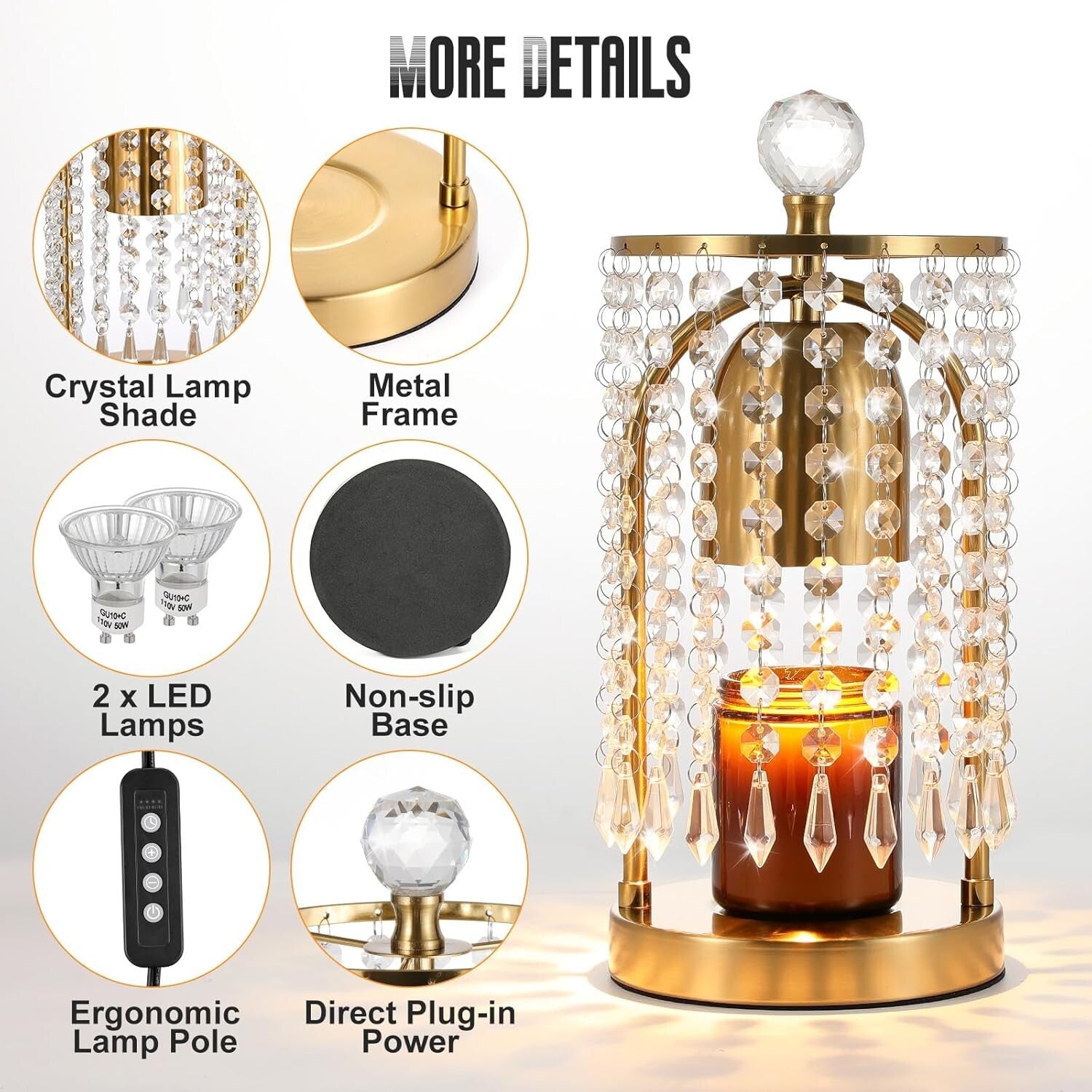 Versatile Dimmable Candle Warmer in Gold: Timer, Bulbs Included, Crystal Accents