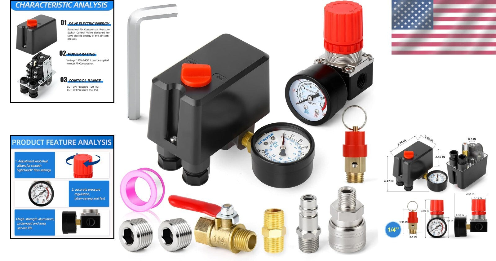 Replacement Air Compressor Pressure Switch Control Valve 120-150 PSI with Reg...