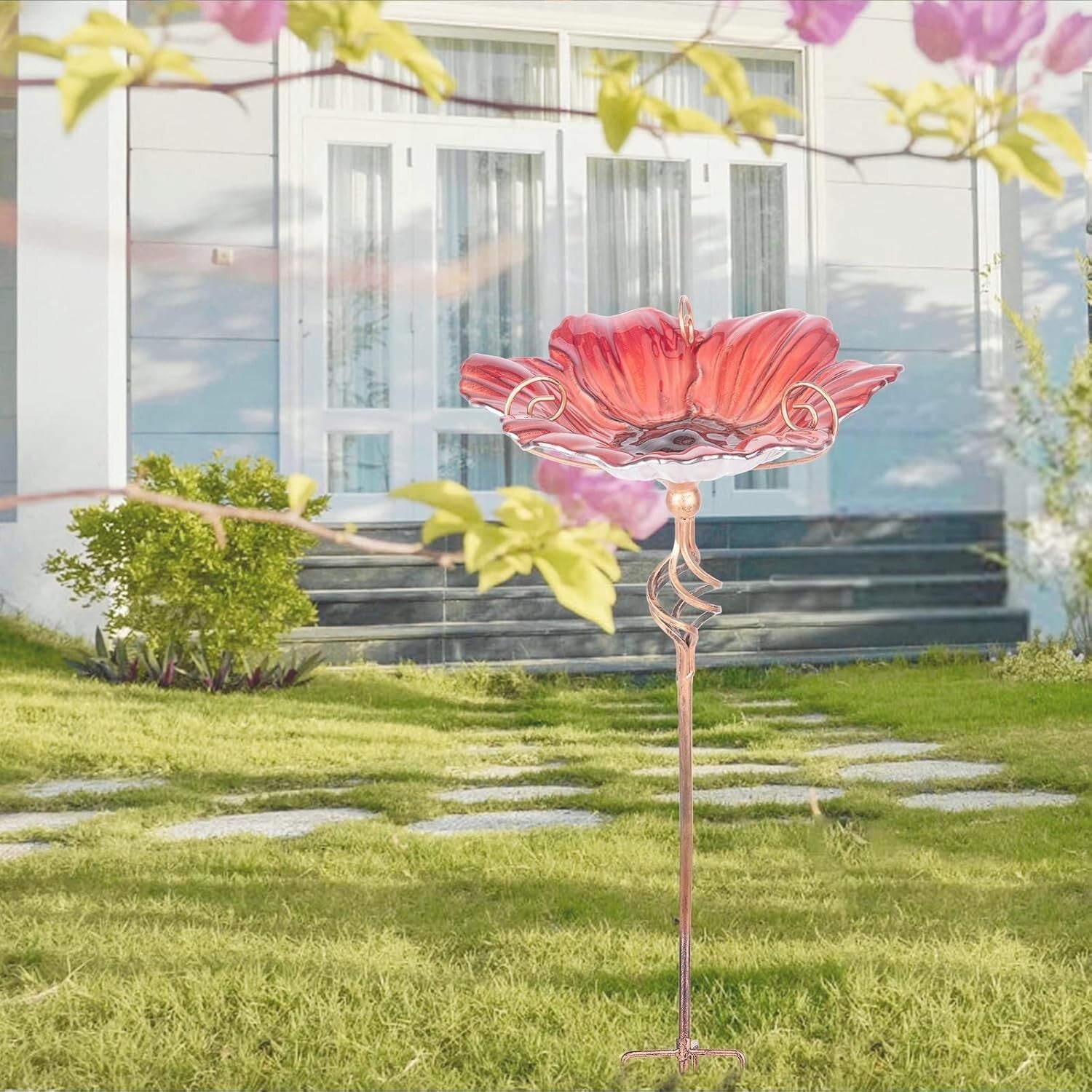 Elegant 31-Inch Birdbath Feeder in Vibrant Red Glass - Perfect for Garden Spaces