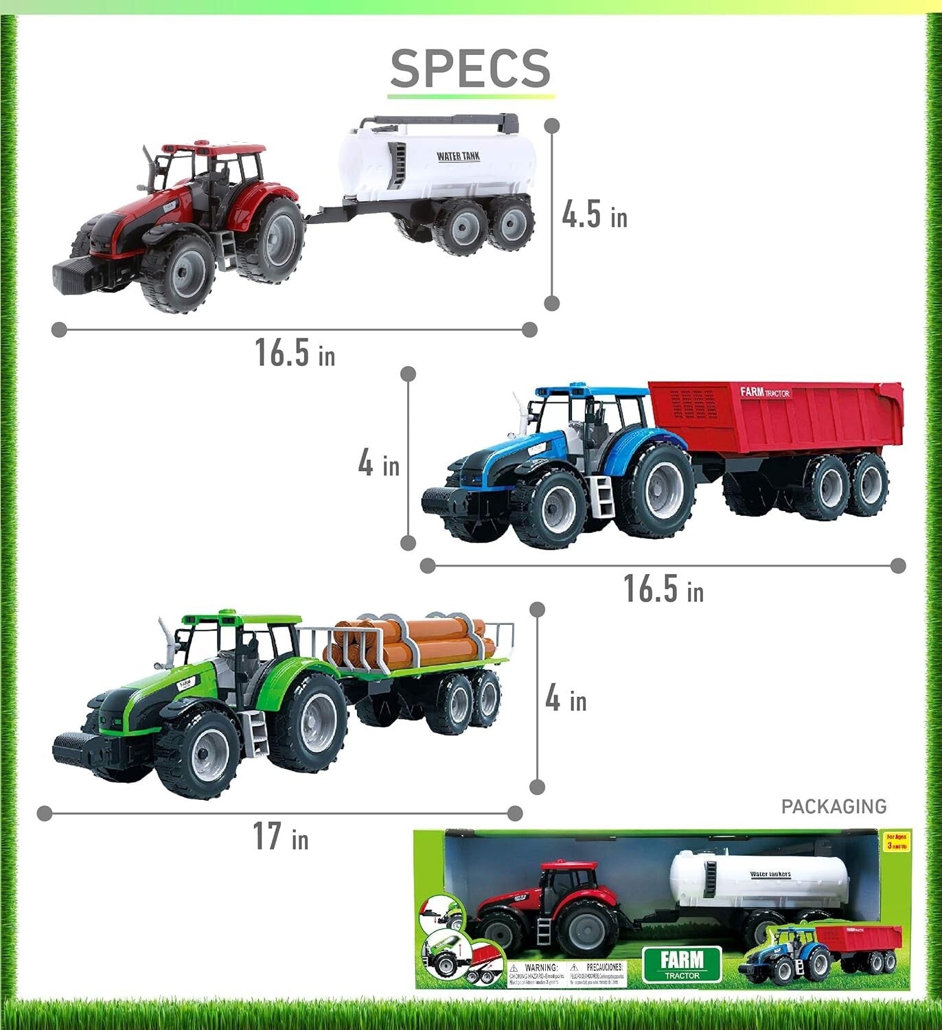 16-Inch Tractor Trailer Play Set - 3 Friction-Powered Farm Vehicles for Kids