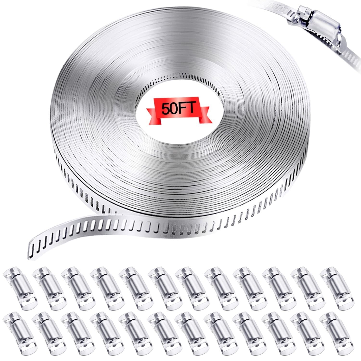 304 Stainless Steel Hose Clamp Kit - 50FT Adjustable Strap & 24 Strong Fasteners