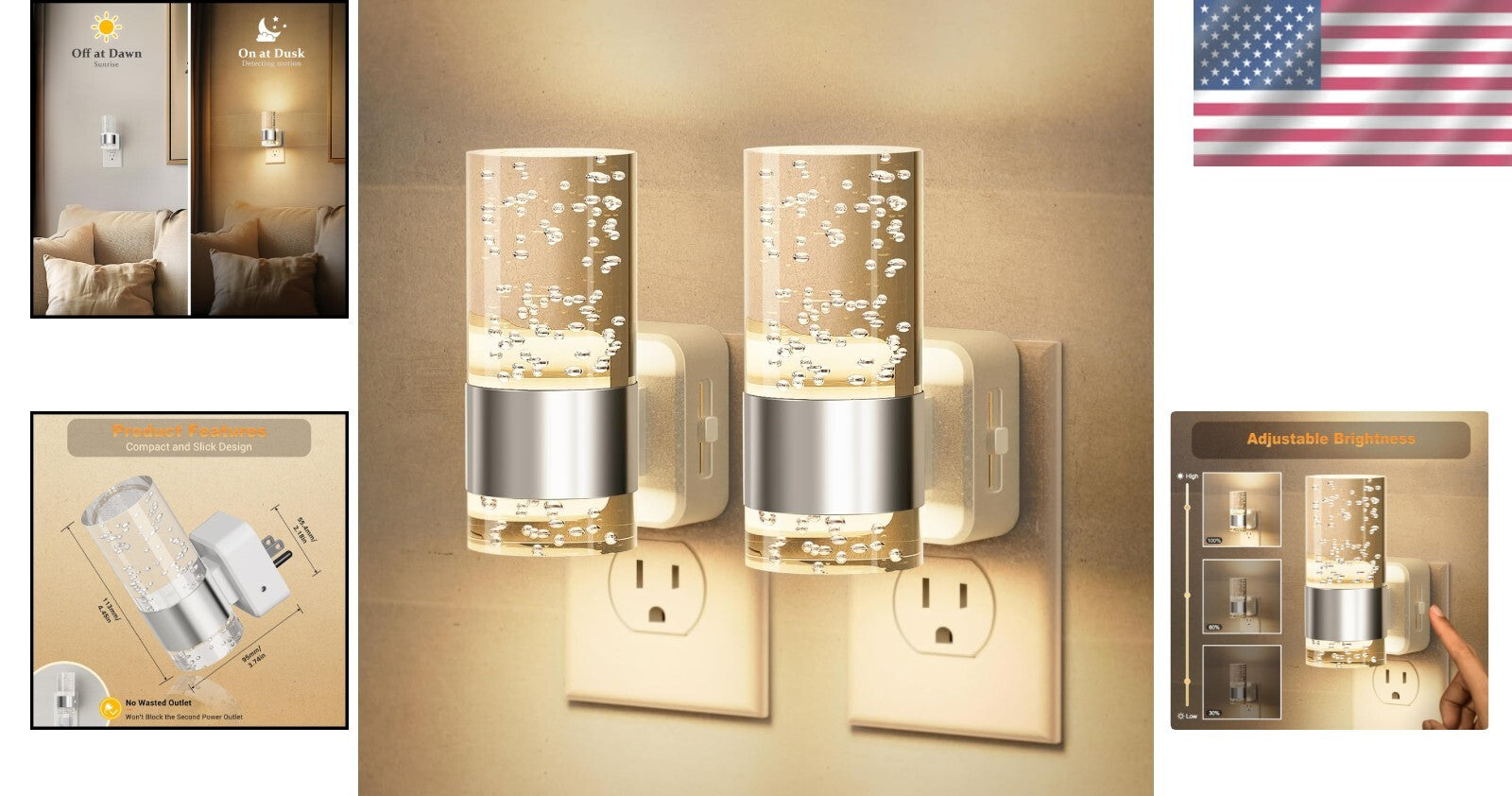 2 Pack Adjustable Brightness LED Night Lights with Automatic Light Sensor