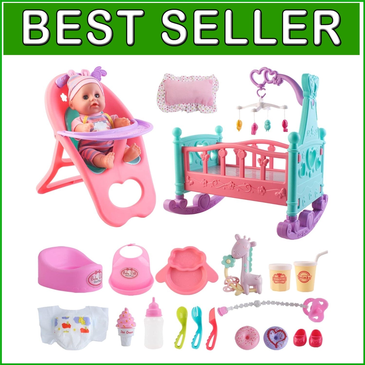 Safe 12” Baby Doll Toy Set with Crib, High Chair & Accessories for Pretend Play
