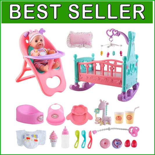Safe 12” Baby Doll Toy Set with Crib, High Chair & Accessories for Pretend Play