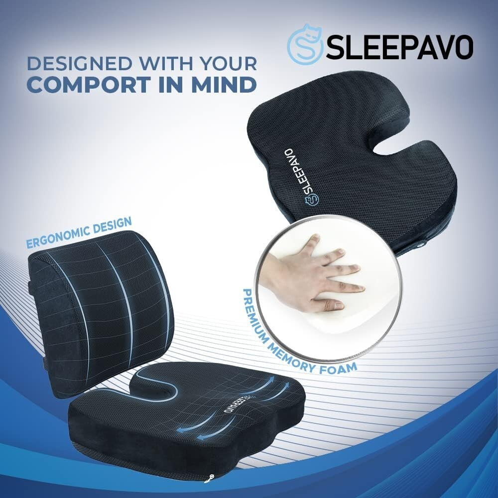 Orthopedic Memory Foam Seat Cushion for Back Pain Relief - Portable & Adjustable