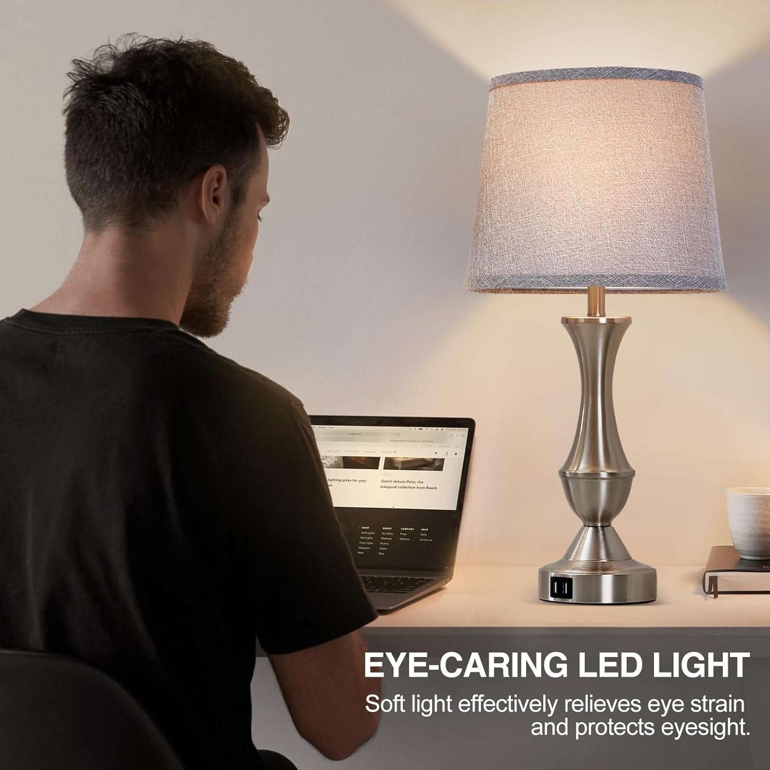 Elegant 22" Table Lamps Set with Touch Control and USB Charging - Silver & Grey