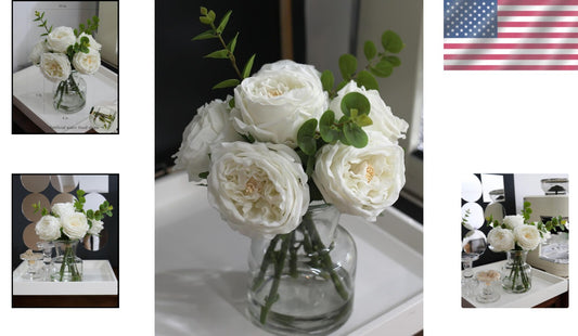 Elegant Artificial White Roses with Glass Vase - Lifelike Table Centerpiece