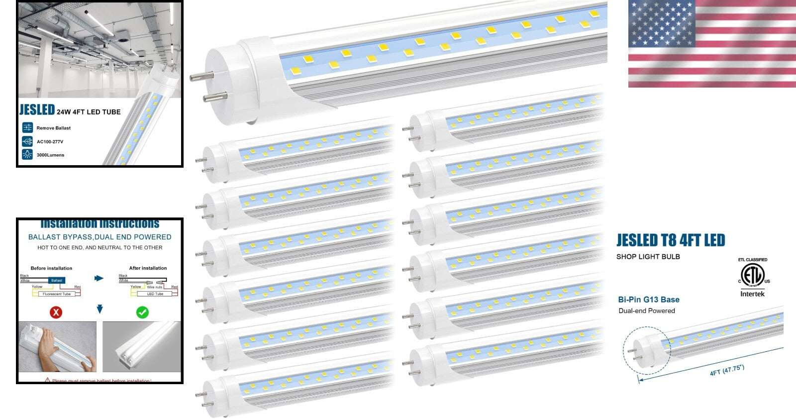 Durable 12-Pack 4FT LED Tube Lights, 24W | Shatterproof, Dual-End Powered