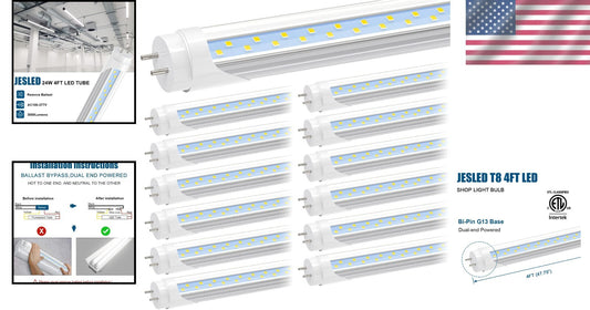 Durable 12-Pack 4FT LED Tube Lights, 24W | Shatterproof, Dual-End Powered