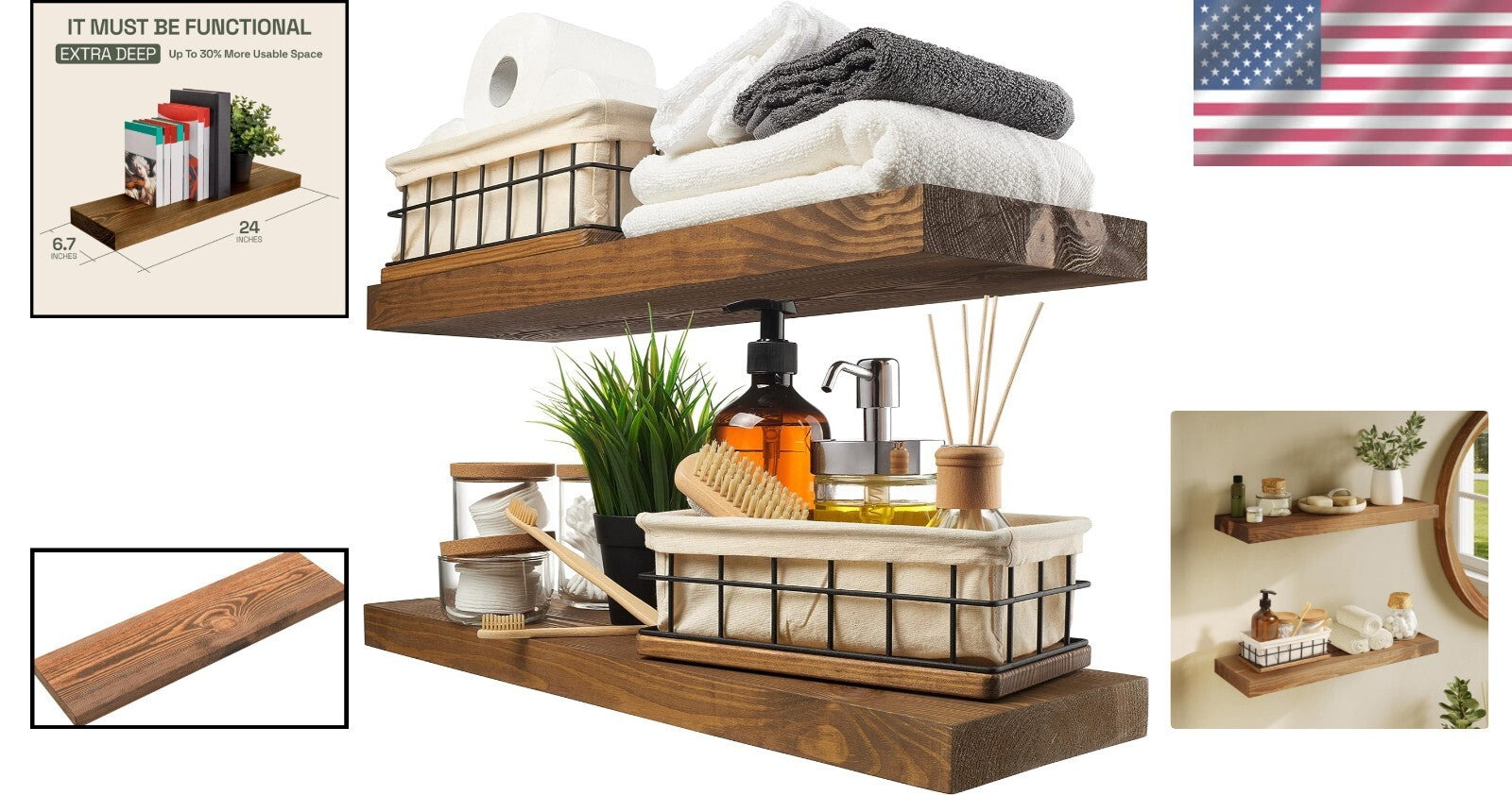 Elegant 24" Floating Shelves - Rustic Solid Wood for Kitchen and Living Room