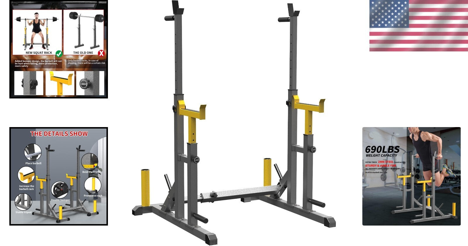 Heavy-Duty Adjustable Squat Rack: Portable Multi-Function Barbell Weight Lifter