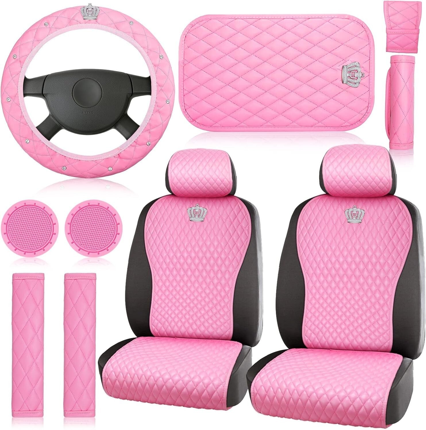 Elegant 14-Piece Pink Car Accessory Collection with Rhinestone Steering Wheel